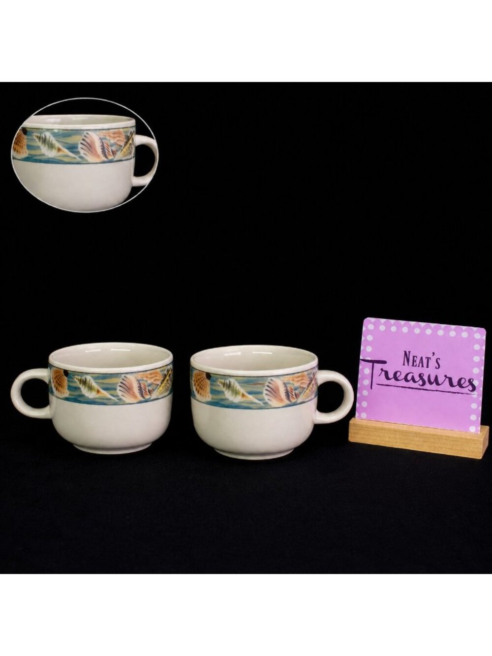 Lynn's China MAIBU Seashell Stoneware Blue Green Rim Flat 10oz Cup Mug Set of  2